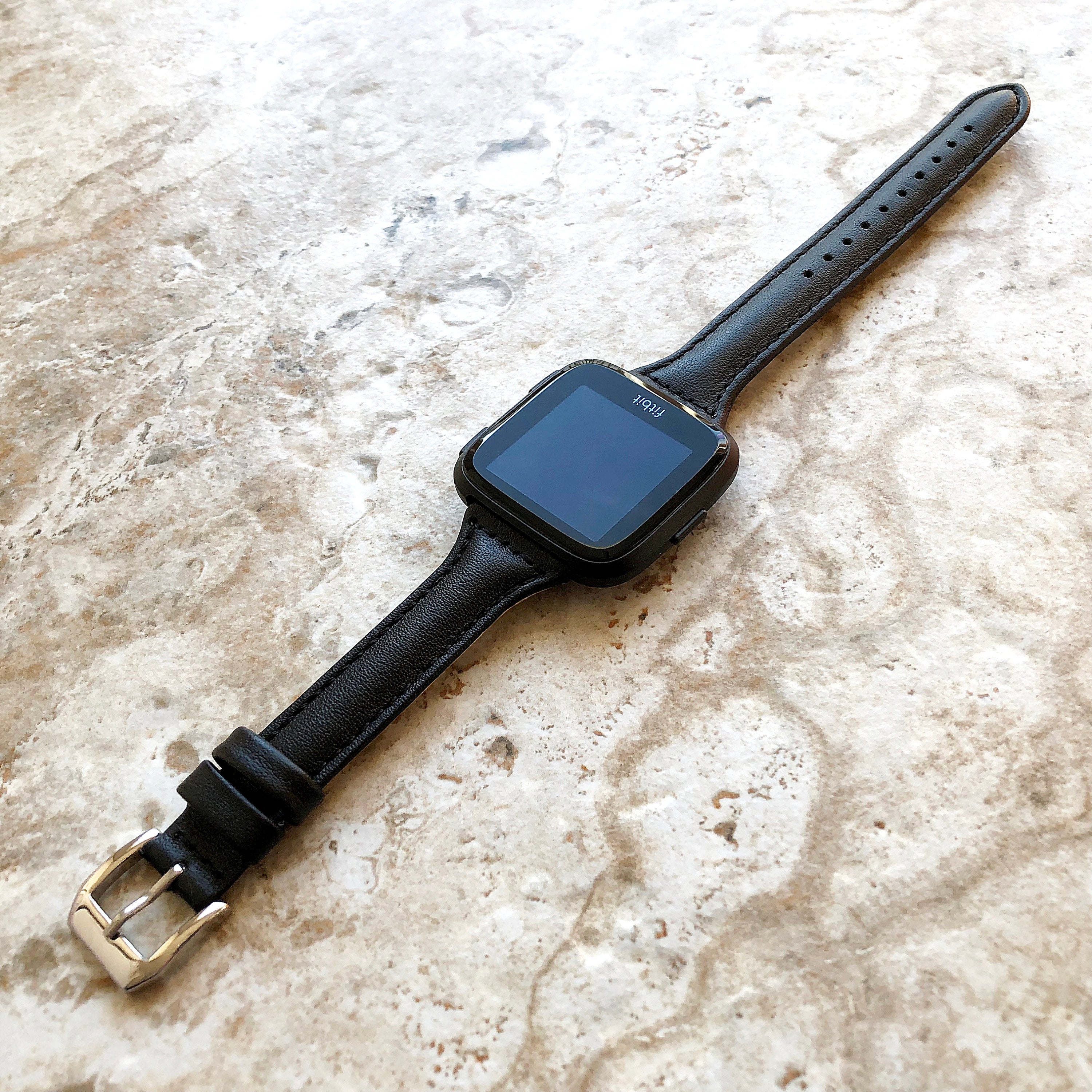 Fitbit Versa Lite 2 3 4 Sense 2 Band Black Slim Elegant Leather Strap with Stitching Details Quick Release Pins Adapters Silver Rose Gold